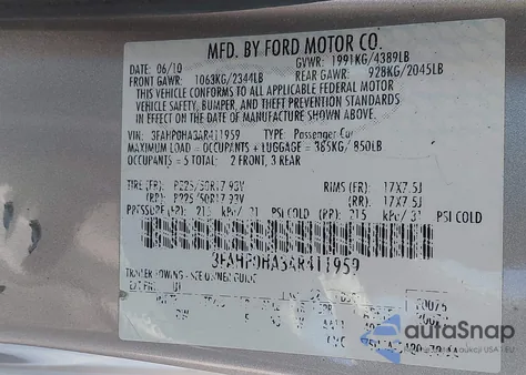 2010 Ford Fusion Se z USA, uszkodzony, nr VIN 3FAHP0HA3AR411959